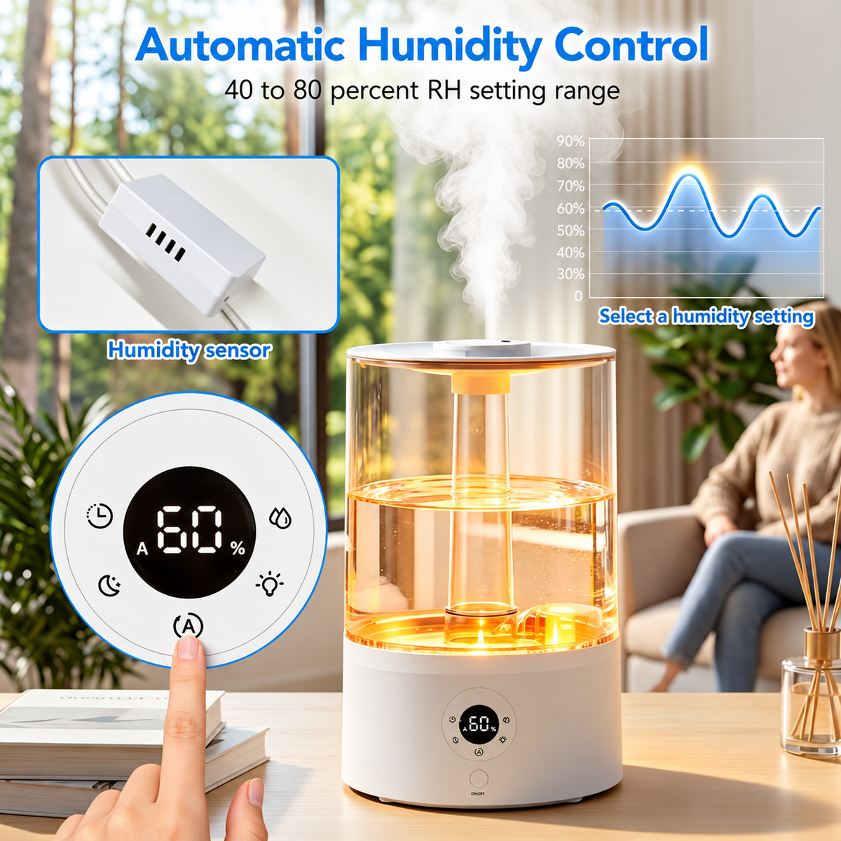 Top fill humidifier with enlarged digital controls and humidity sensor detail