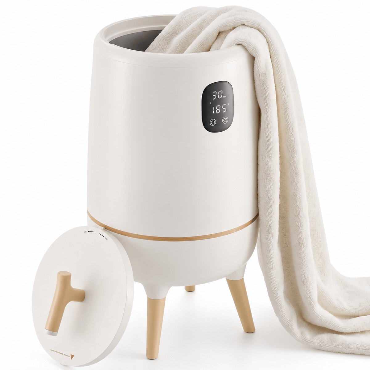 White 20L towel warmer bucket with raised legs, removable lid and towel