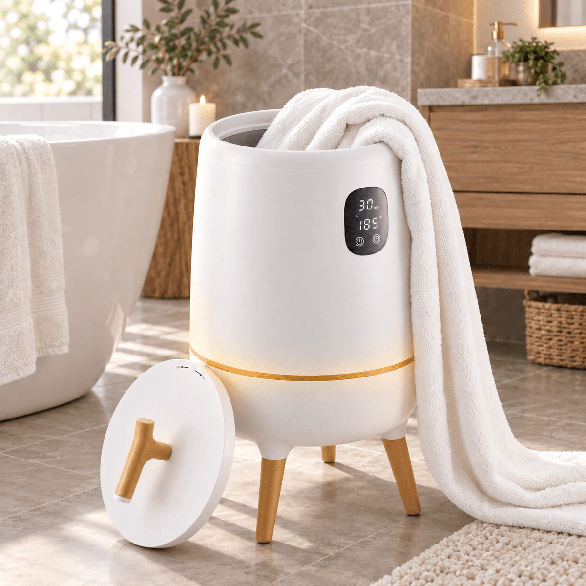 White towel warmer with its lid removed in a bathroom setting