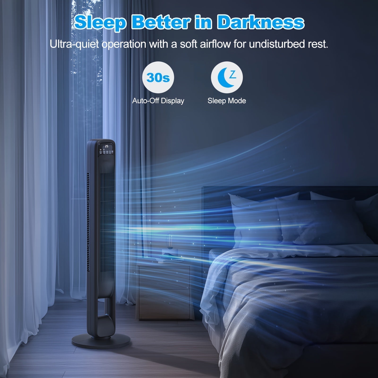 Tower fan beside a bed with nighttime operation graphics