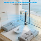 Tower fan in a living room with an oscillation diagram