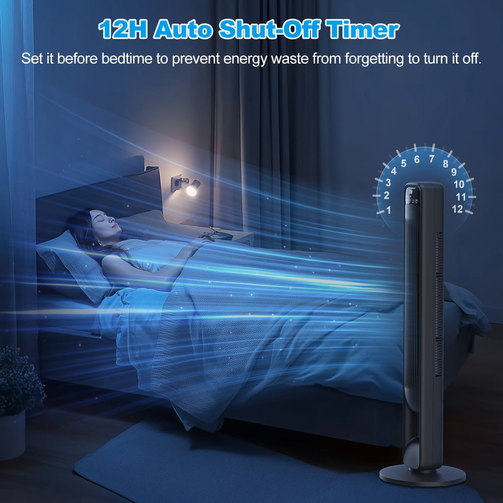Tower fan shown beside a bed with timer graphics