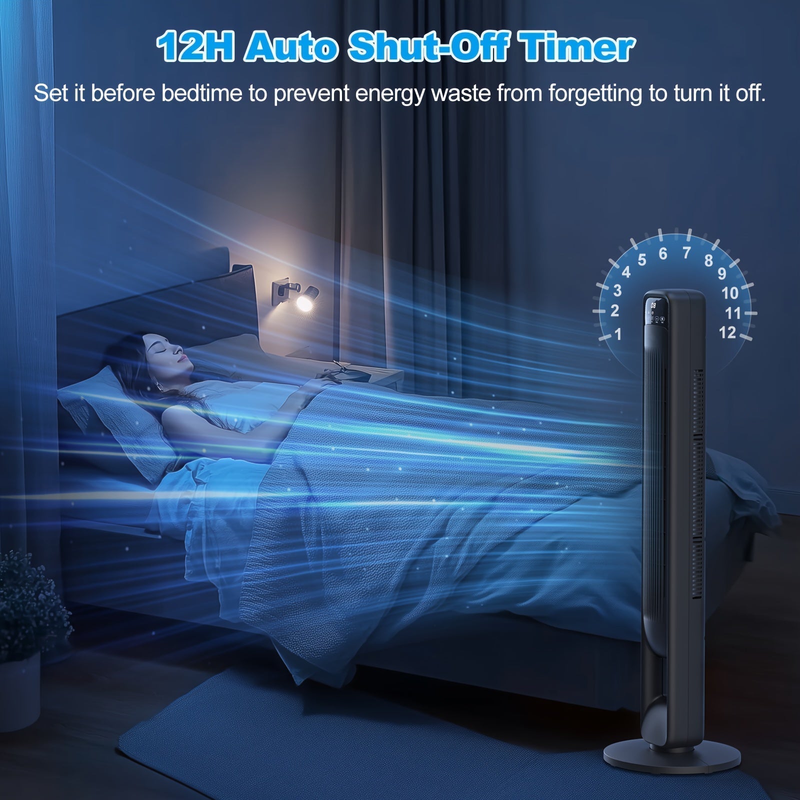 Tower fan shown beside a bed with timer graphics