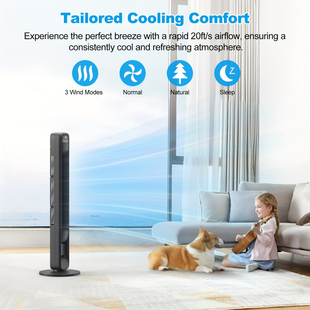 Tower fan in a living room with airflow mode graphics