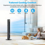 Tower fan in a living room with airflow mode graphics