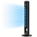 Black tower fan with illustrated airflow beside a plant