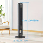 Tower fan shown with height and base diameter measurements
