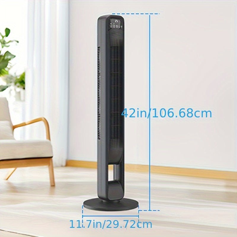 Tower fan shown with height and base diameter measurements