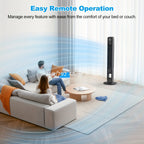 Tower fan shown with a remote operation illustration