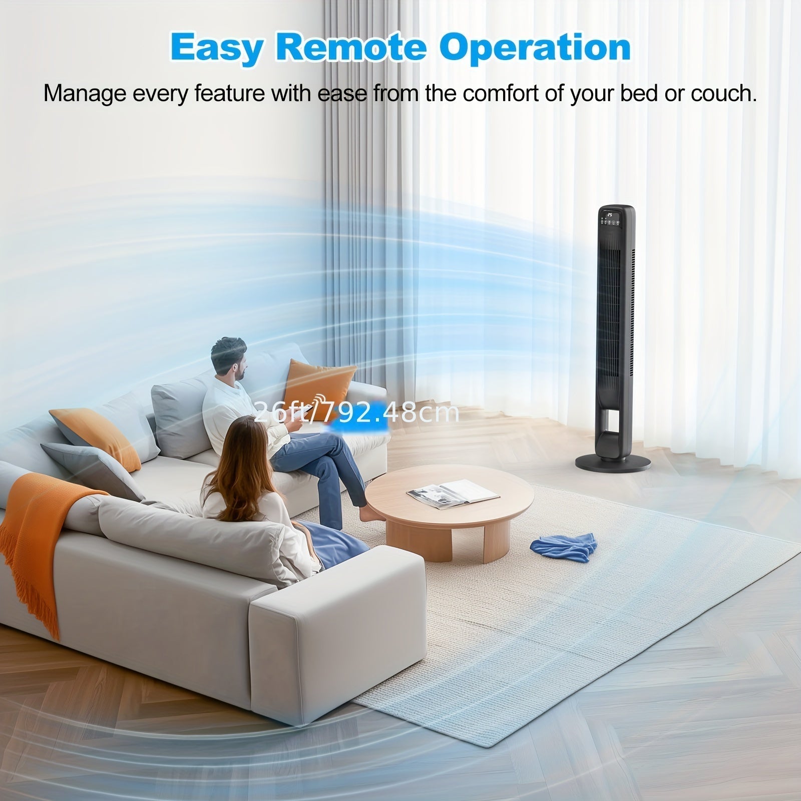 Tower fan shown with a remote operation illustration