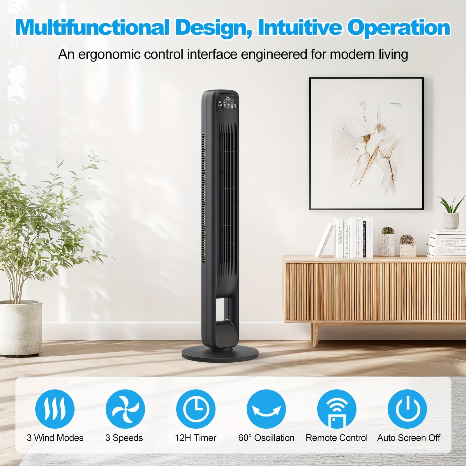 Tower fan control interface shown with feature icons