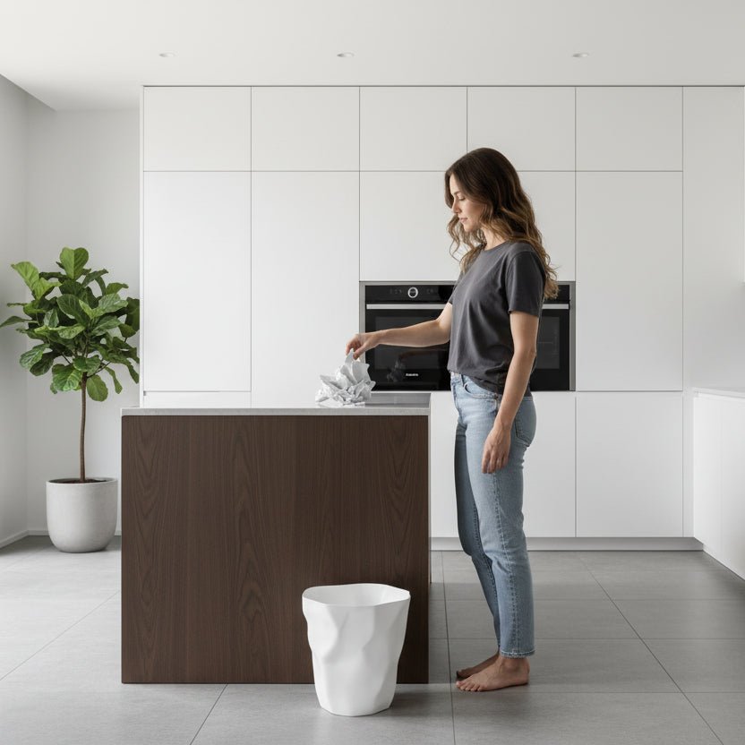 Trash can in white beside a kitchen island as a woman disposes of waste.