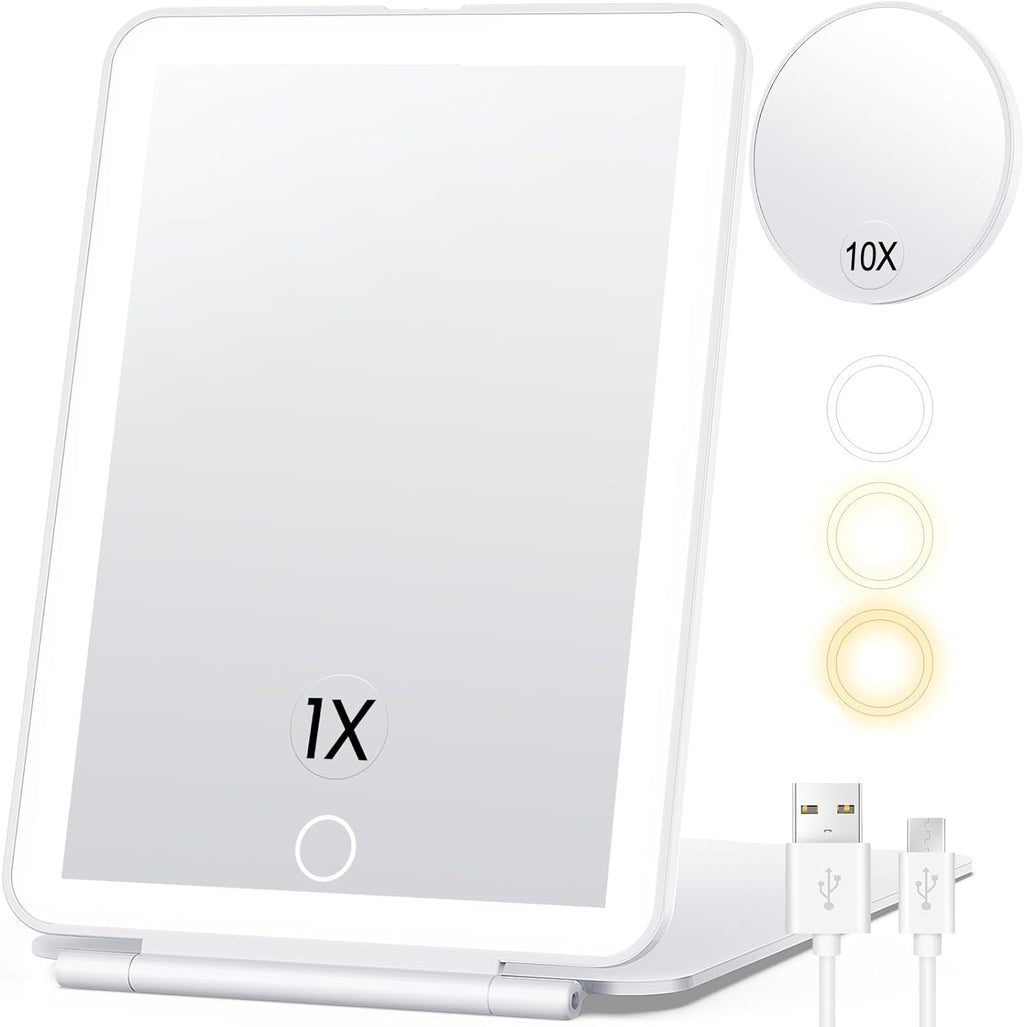 White travel makeup mirror with LED light and magnification