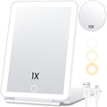 White travel makeup mirror with LED light and magnification