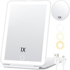 White travel makeup mirror with LED light and magnification