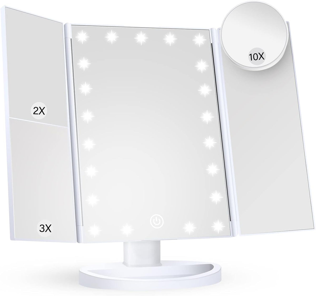 White tri fold makeup mirror with LED lights