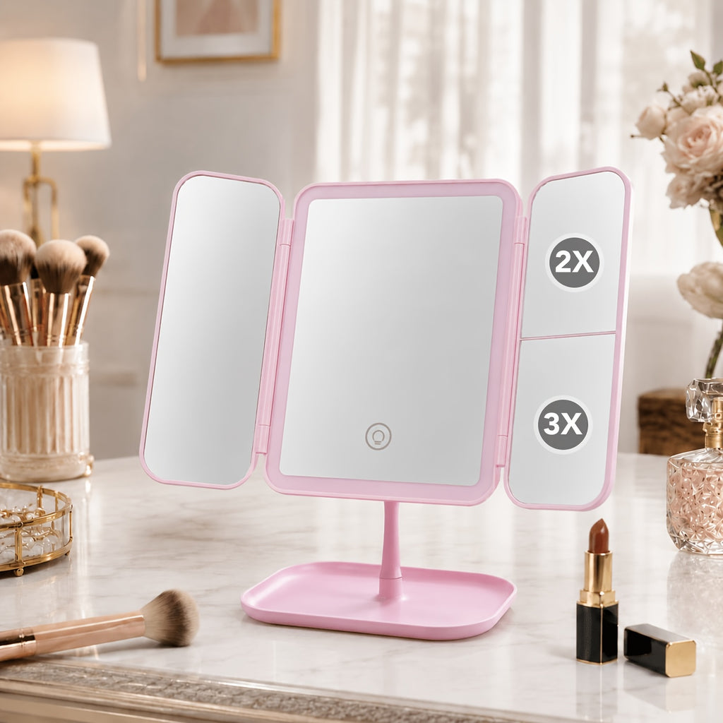 Pink tri fold makeup mirror with side magnification panels
