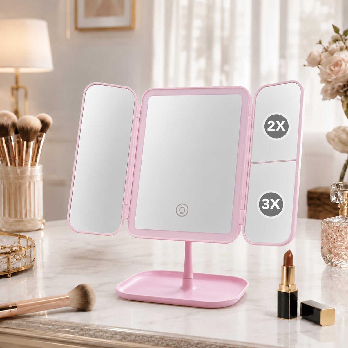 Pink tri fold makeup mirror with side magnification panels