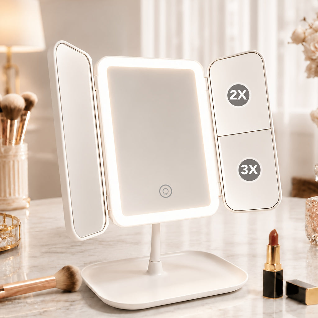 White tri fold makeup mirror with illuminated center panel