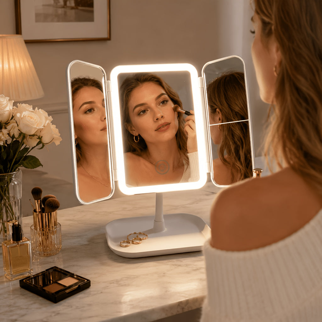 Tri fold makeup mirror in use at a vanity