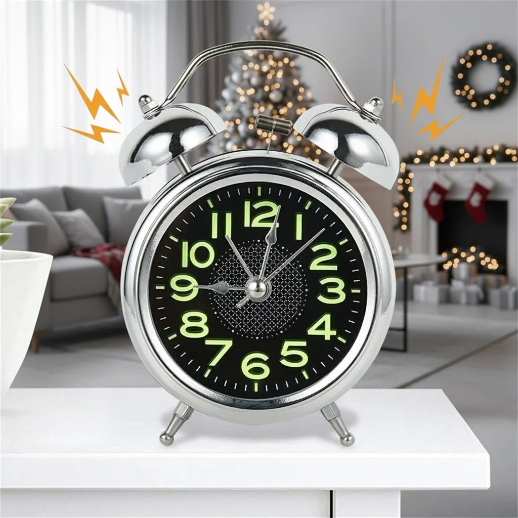 Twin-bell alarm clock in a classic retro design with a metal case.