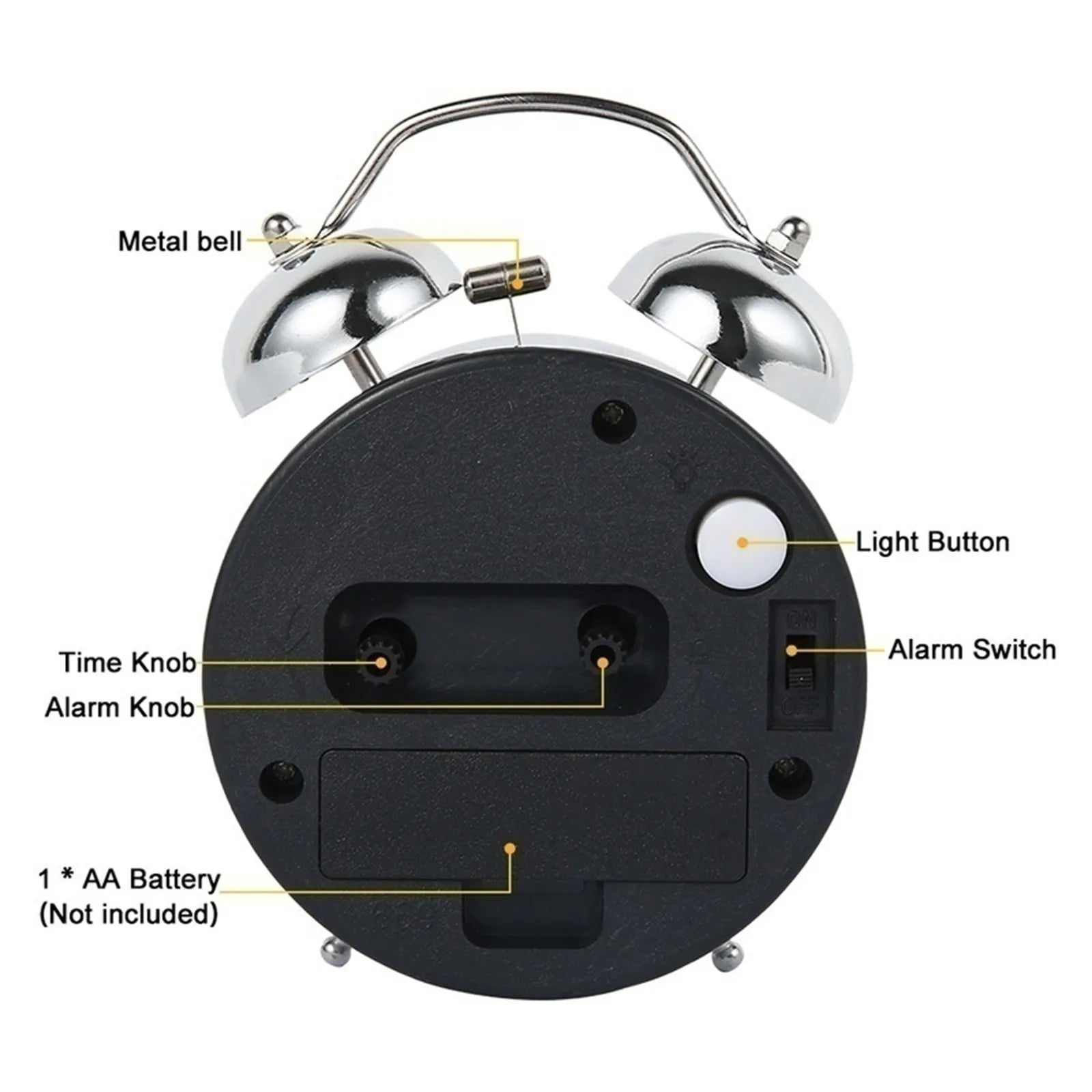 Twin-bell alarm clock showing its convenient night-light button.