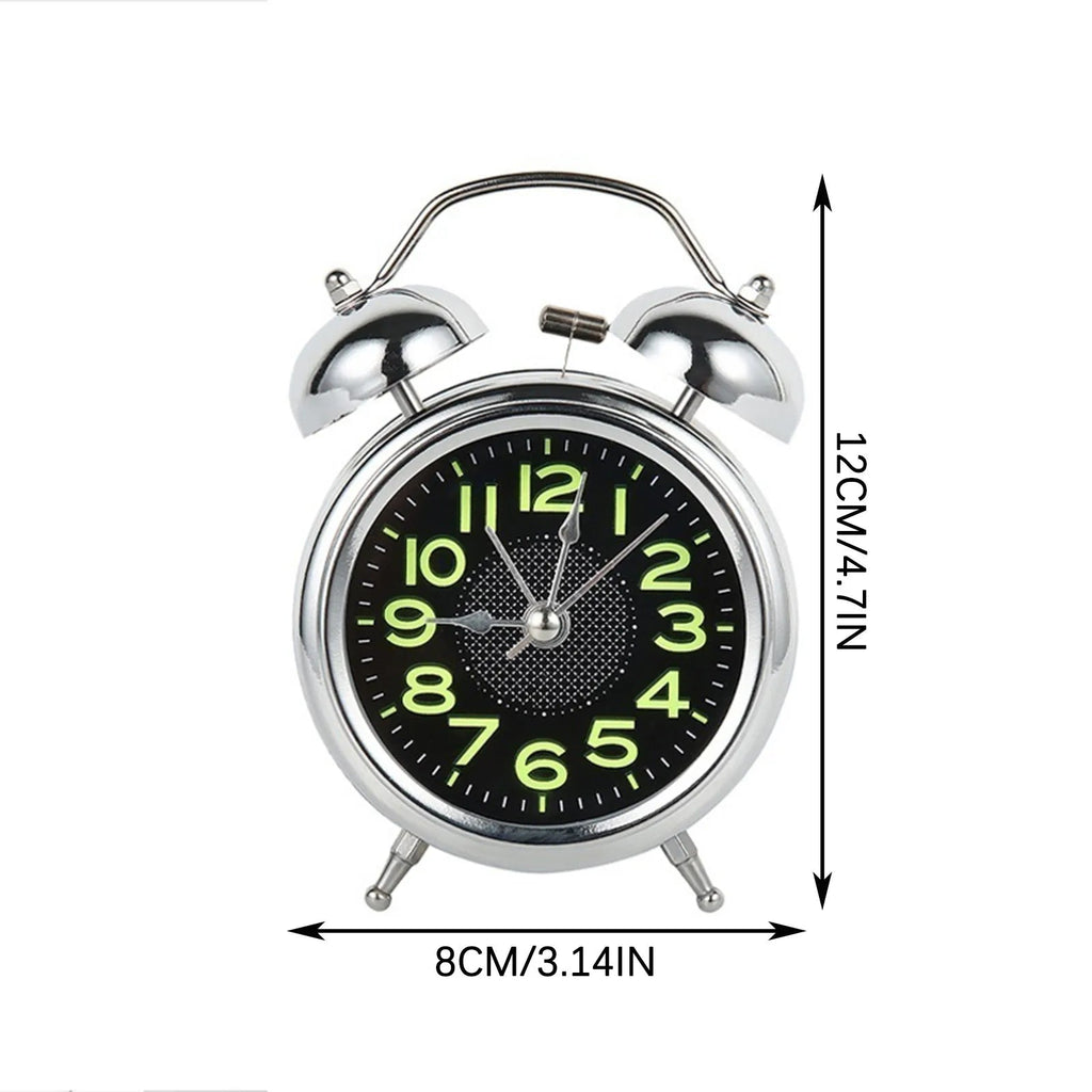 Twin-bell alarm clock presented with its quiet quartz movement features.