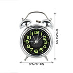 Twin-bell alarm clock presented with its quiet quartz movement features.