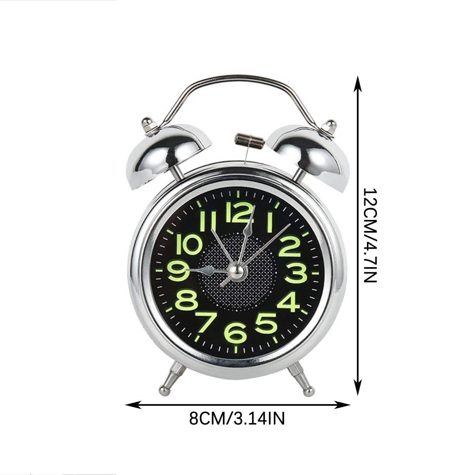 Twin-bell alarm clock presented with its quiet quartz movement features.