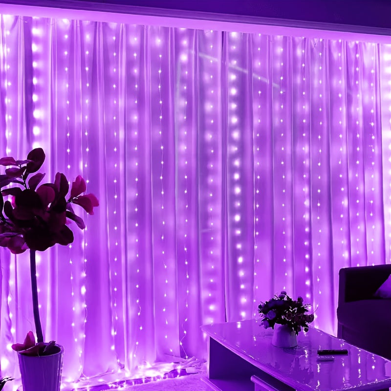 Fairy curtain lights glow purple beside a window and a small table.