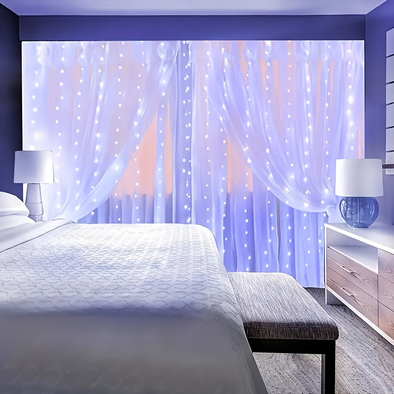 Fairy curtain lights glow white behind a bed.