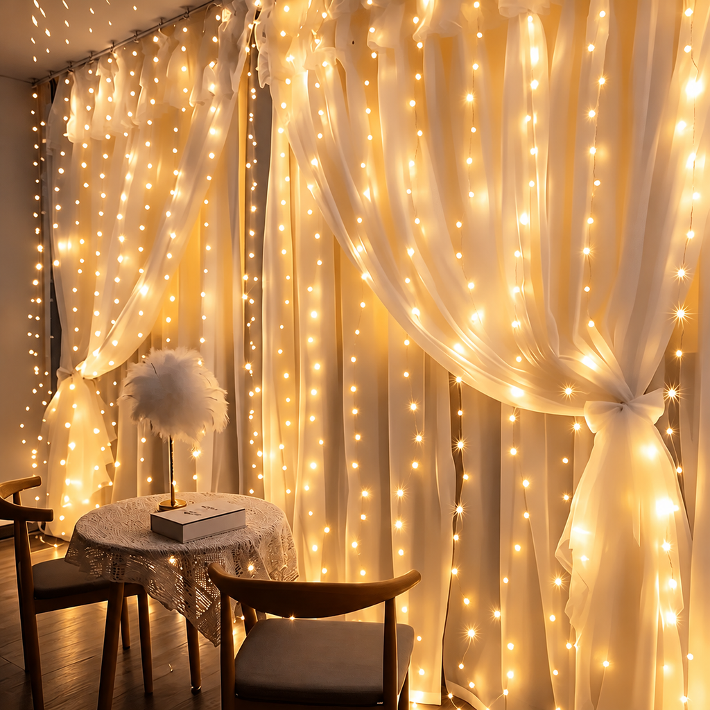 Warm White curtain fairy lights glowing across sheer window curtains.