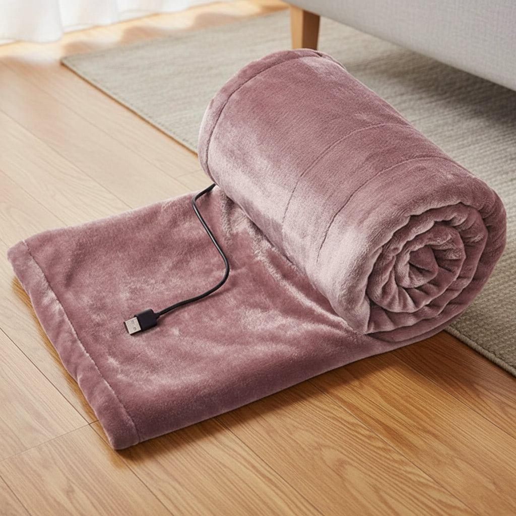 USB heated blanket in pink rolled on a wooden floor with the power cable visible.
