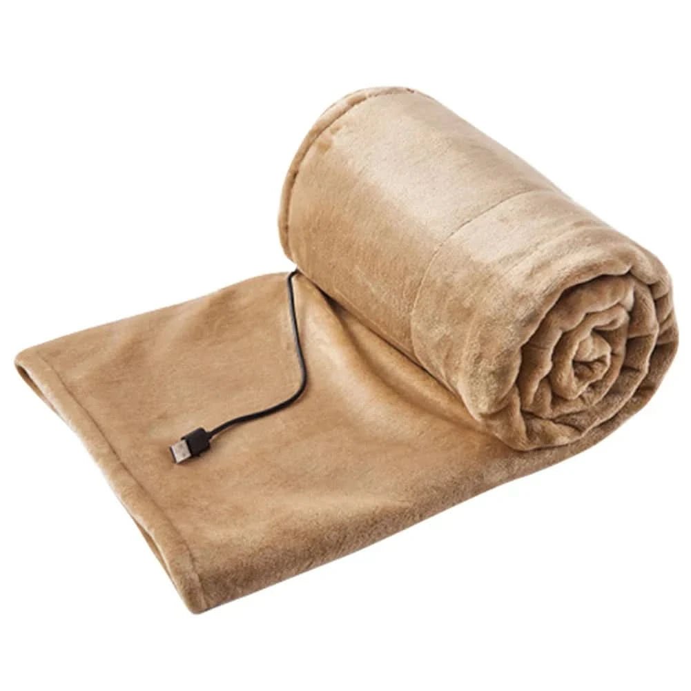 USB heated blanket in beige rolled and isolated on a white background.