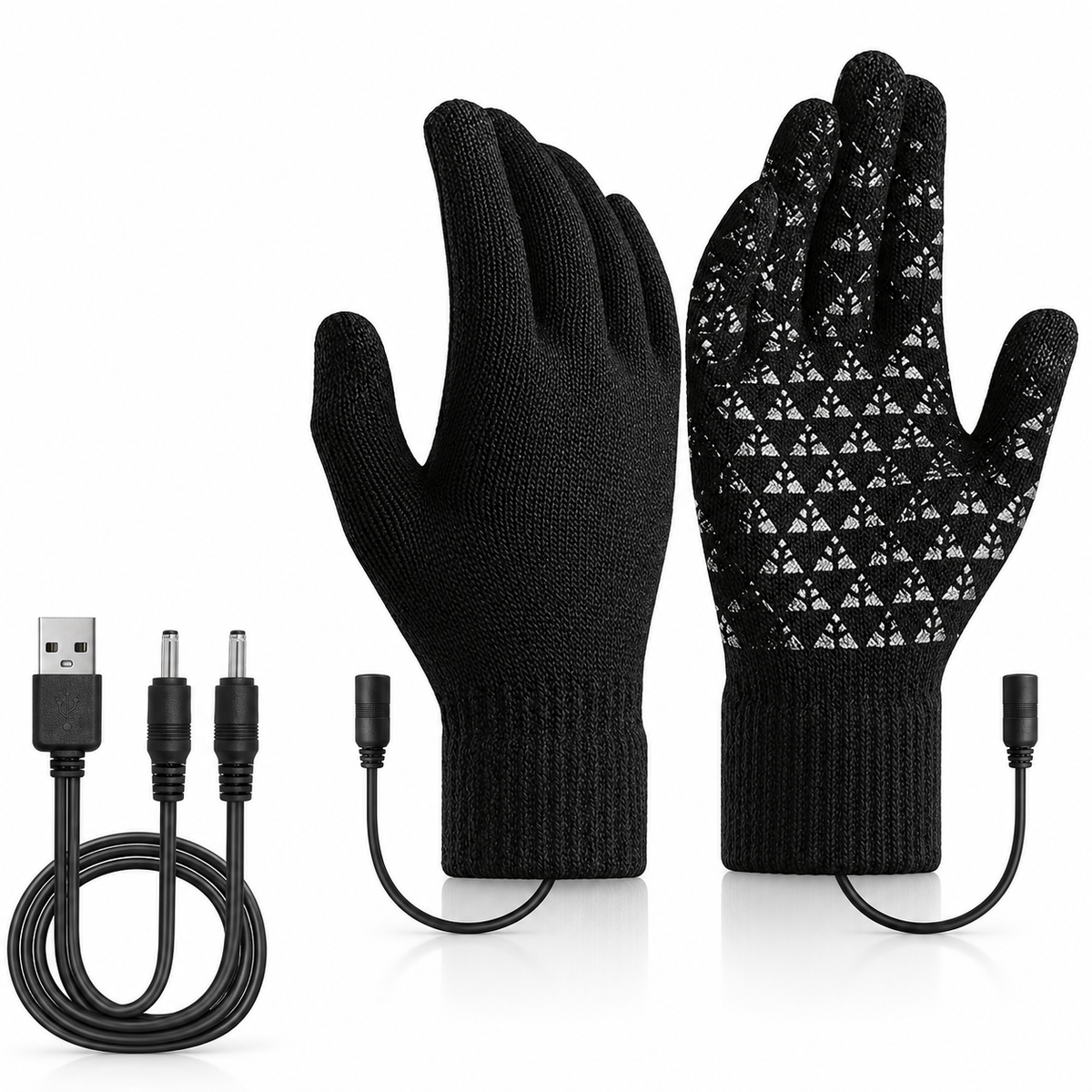 Black knitted heated glove pair with textured palms and USB cable