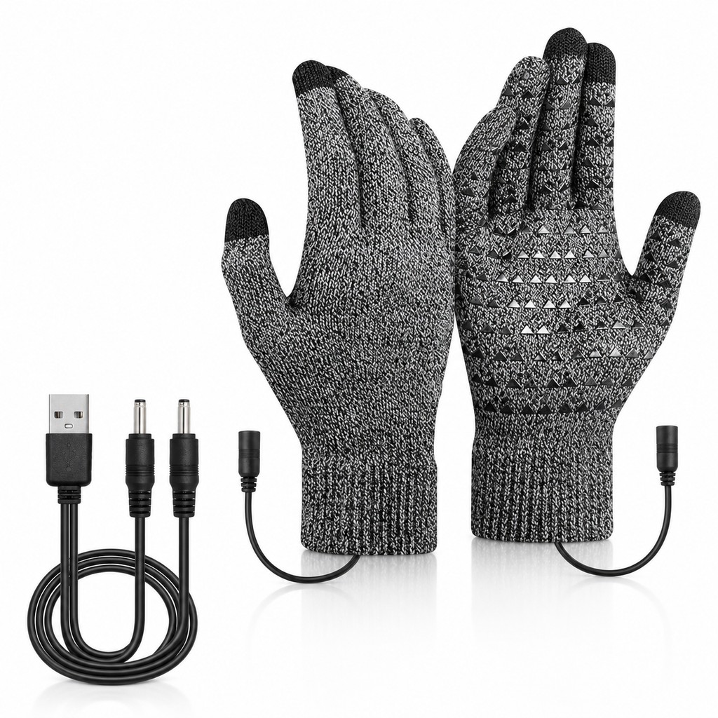 Gray knitted heated glove pair with textured palms and USB cable