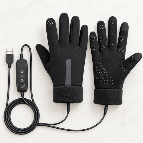 USB Heated Winter Gloves | Black Fabric With Plush Lining And Three Heating Styles