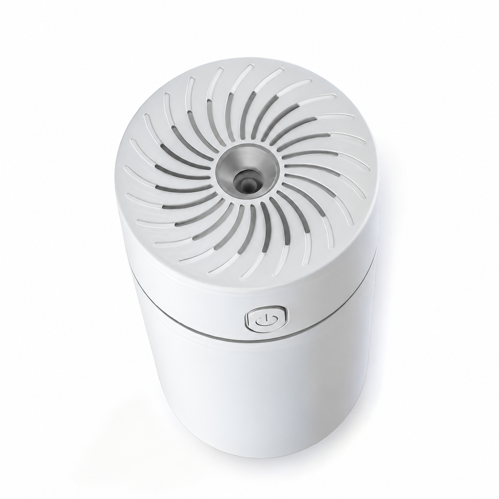 White cylindrical USB humidifier with a spiral top grille and front power button on a white background