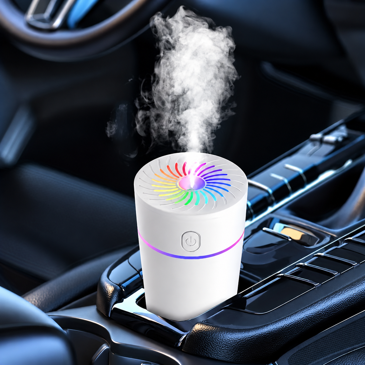 White cylindrical USB humidifier releasing mist in the original car console setting