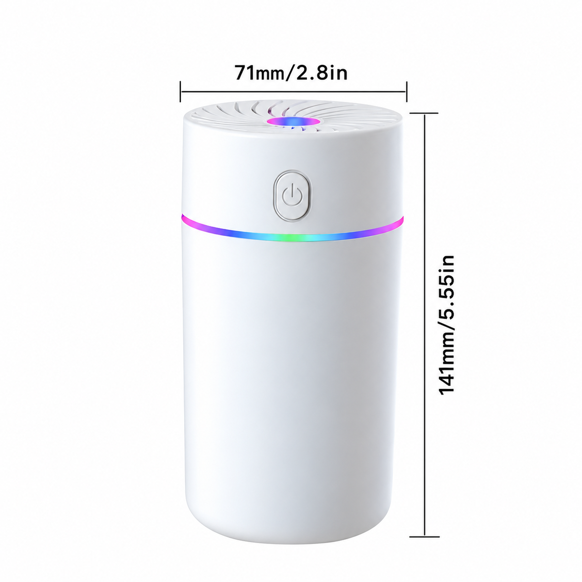 White cylindrical USB humidifier size diagram showing 7.1 cm width and 14.1 cm height