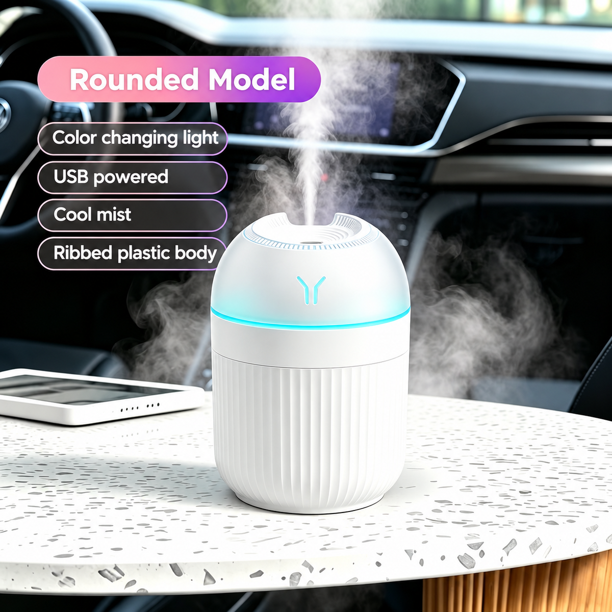 White rounded USB humidifier with a ribbed body and leaf shaped light beside model information