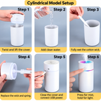 USB humidifier setup collage showing water filling, wick preparation and power connection