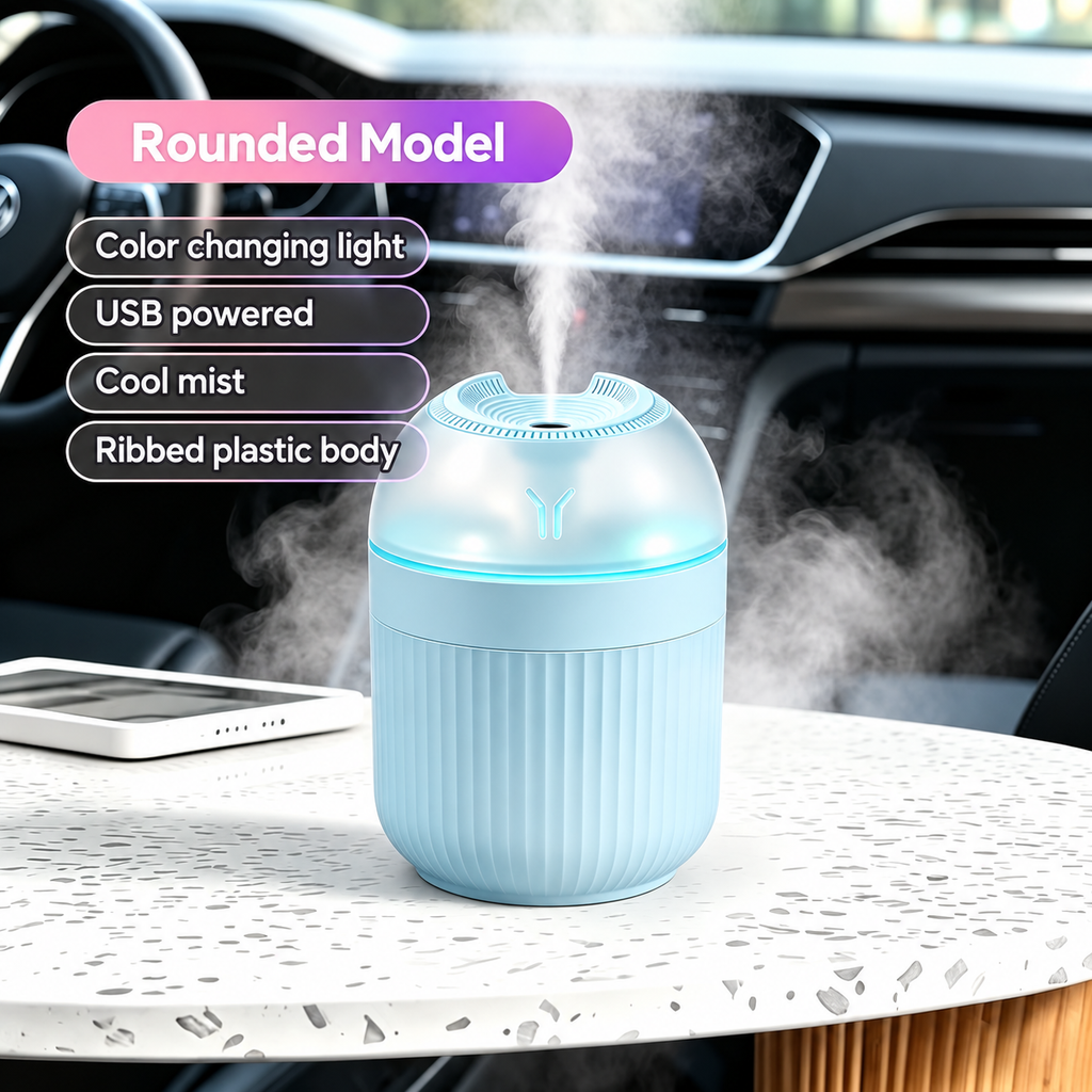 Blue rounded USB humidifier with a ribbed body and leaf shaped light beside model information