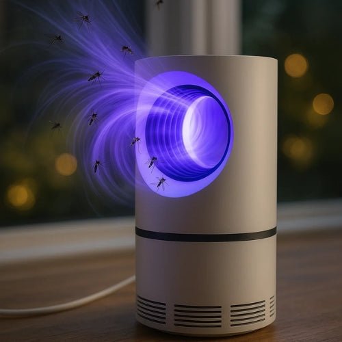 UV insect trap pictured beside a window with purple light graphics
