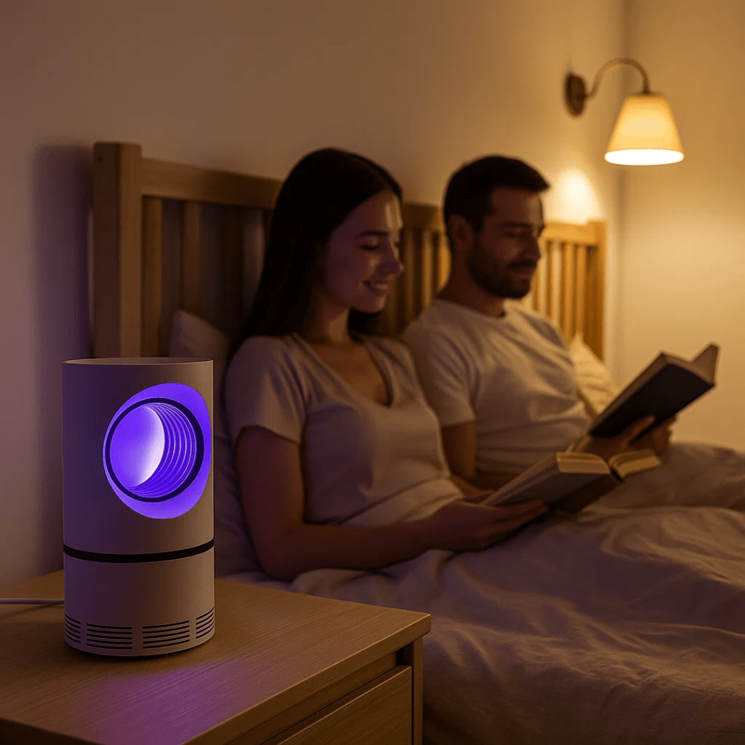 White cylindrical UV insect trap displayed on a bedside table