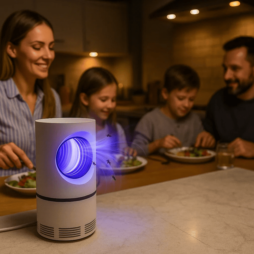 UV insect trap on a dining table beside a family