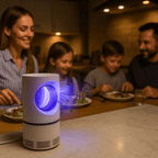 UV insect trap on a dining table beside a family