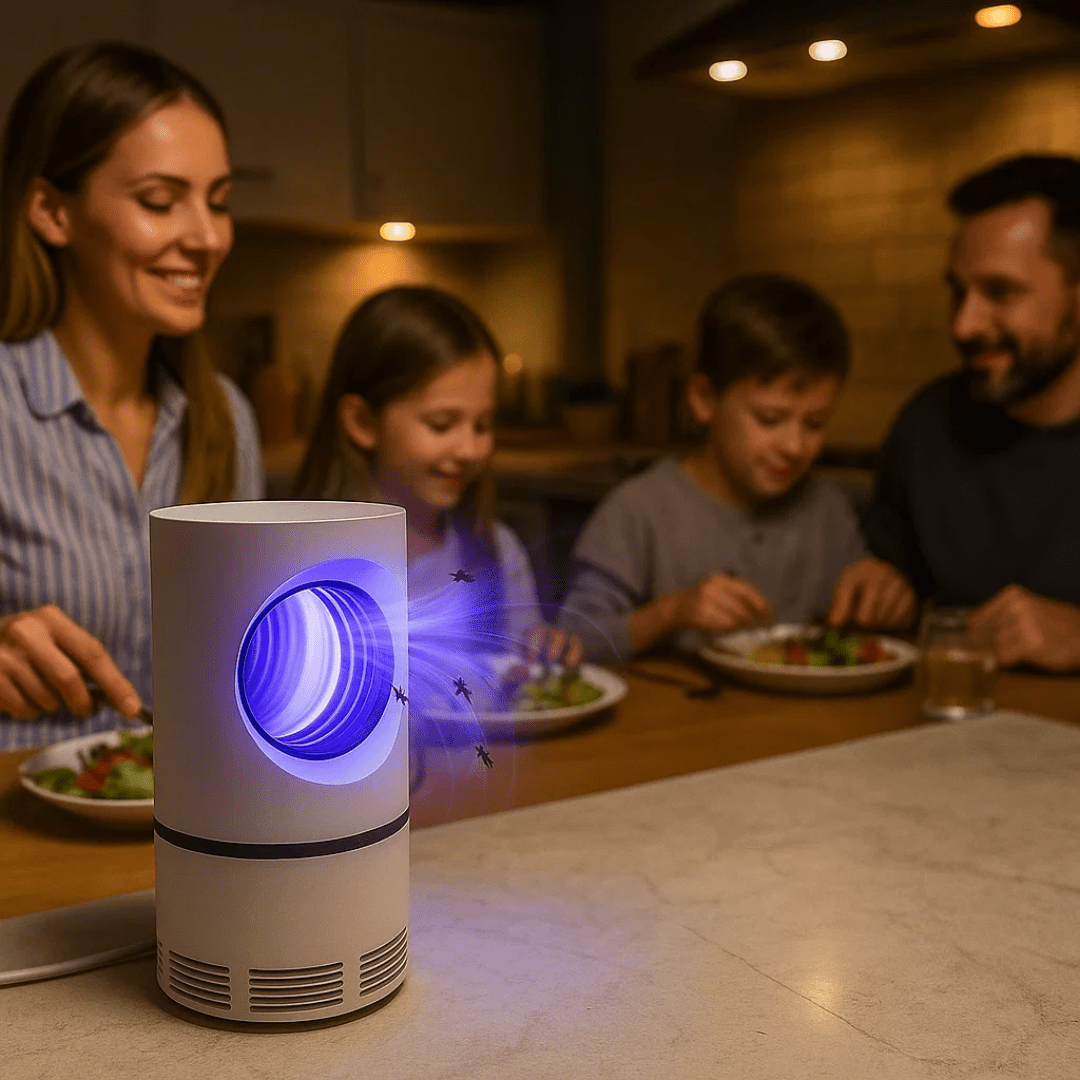 UV insect trap on a dining table beside a family