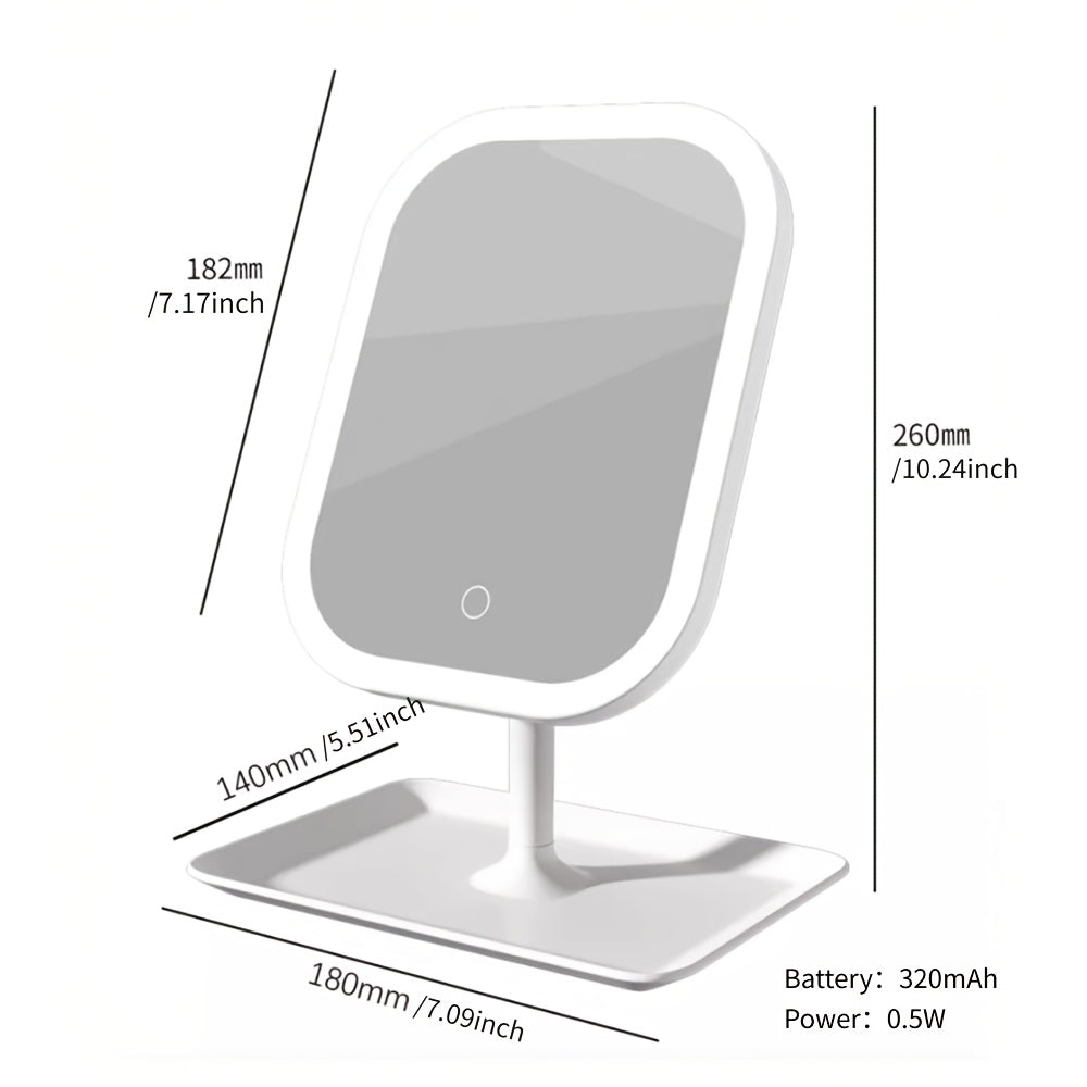 White vanity makeup mirror shown with dimensions and the rechargeable battery specification.