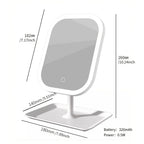 White vanity makeup mirror shown with dimensions and the rechargeable battery specification.